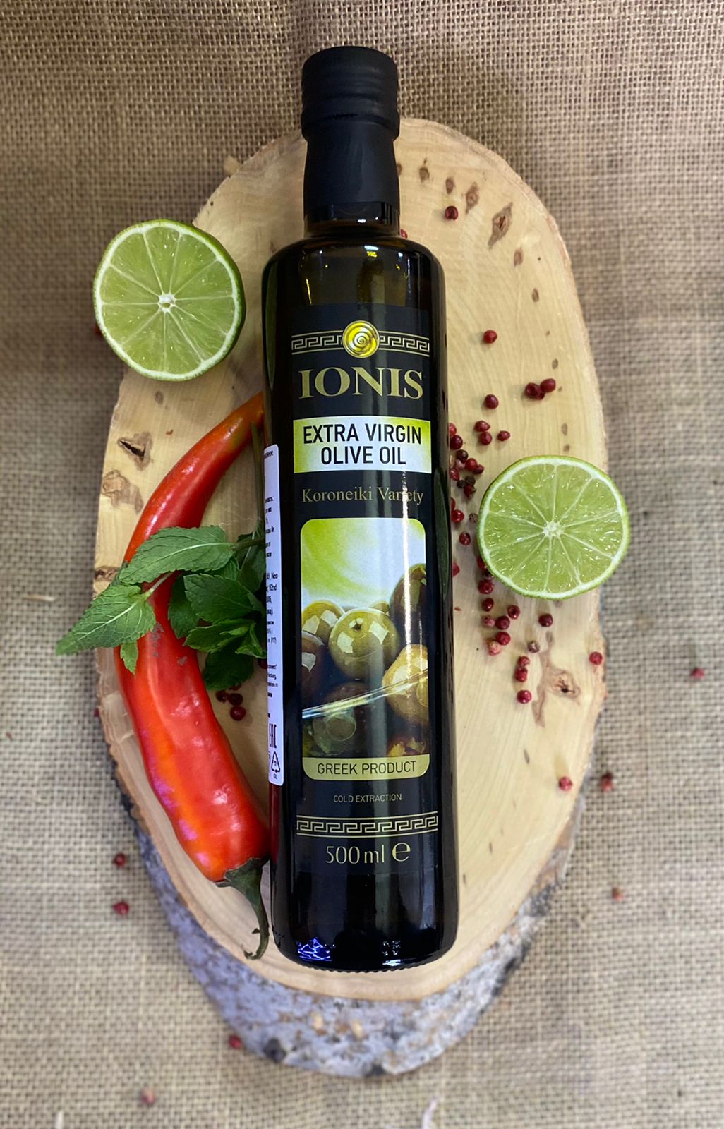 Масло оливковое "Ионис" нераф."Extra virgin oil" в ст. бут. 0,5л.